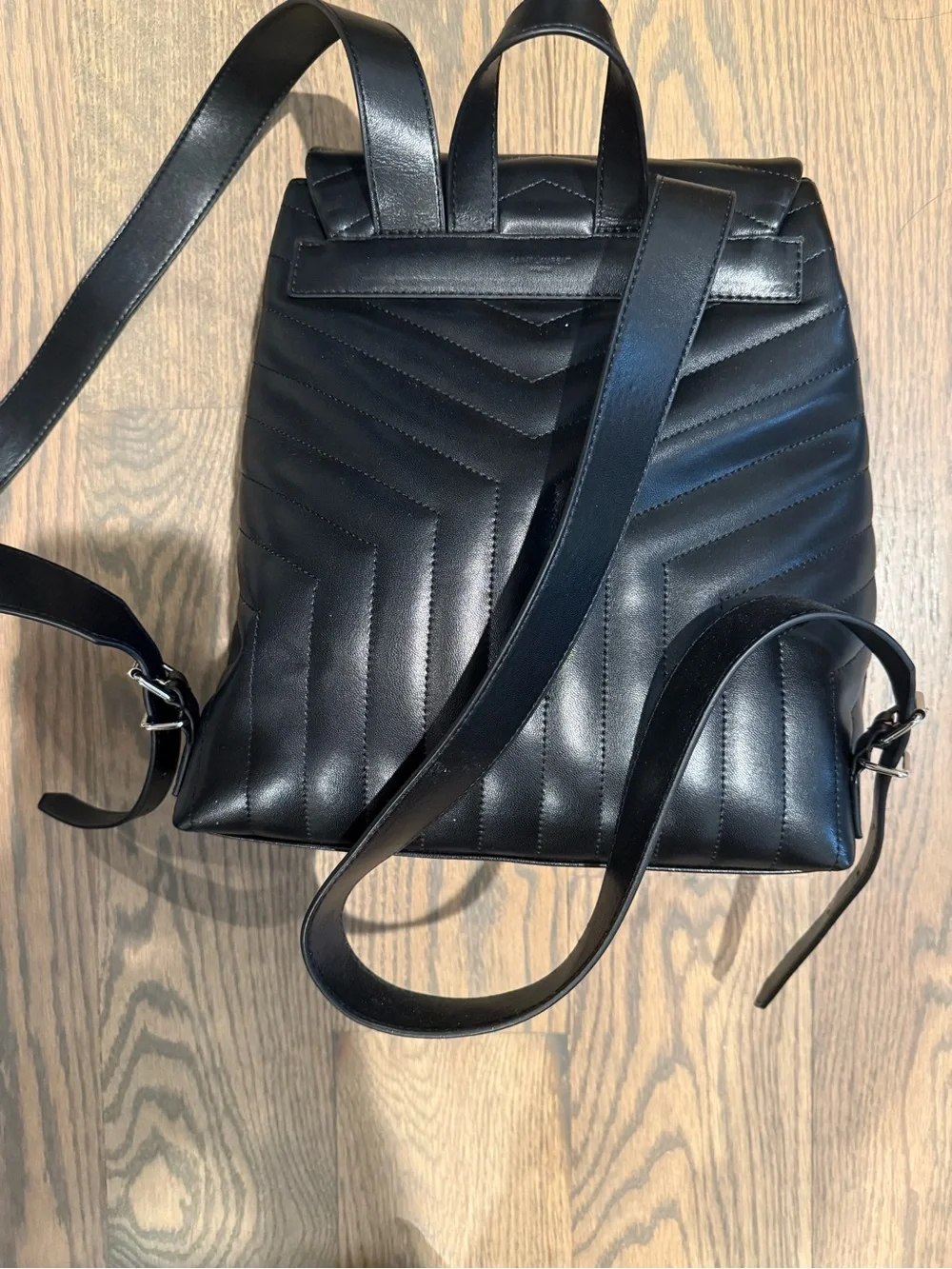 Saint Laurent STYLE Black Chevron Quilted Leather Backpack with Silver YSL Logo
